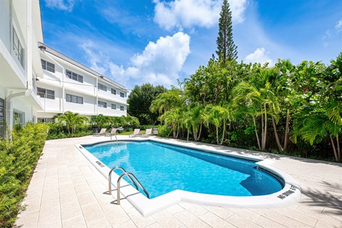 A swimming pool surrounded by trees and a white building.