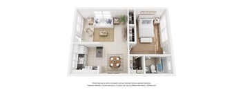 A 3D floor plan of a small apartment with a bedroom, living room, kitchen, and bathroom.
