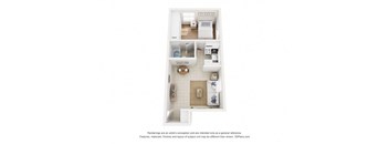 A 3D floor plan of a small apartment with a kitchen, living room, and bathroom.