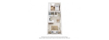 A 3D floor plan of a small apartment with a kitchen, living room, and bathroom.