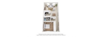 A 3D floor plan of a small apartment with a kitchen, living room, and bathroom.