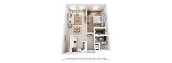 A 3D floor plan of a small apartment with a kitchen, living room, and bathroom.