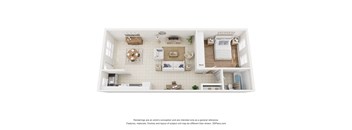 A 3D floor plan of a small apartment with a kitchen, living room, and bathroom.