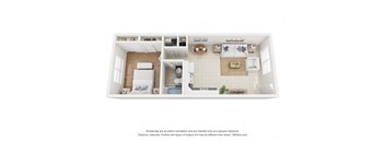A 3D floor plan of a small apartment with a kitchen, living room, and bathroom.