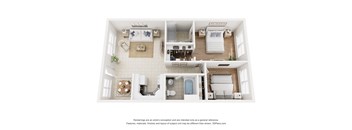 A 3D floor plan of a small apartment with a kitchen, living room, and bathroom.