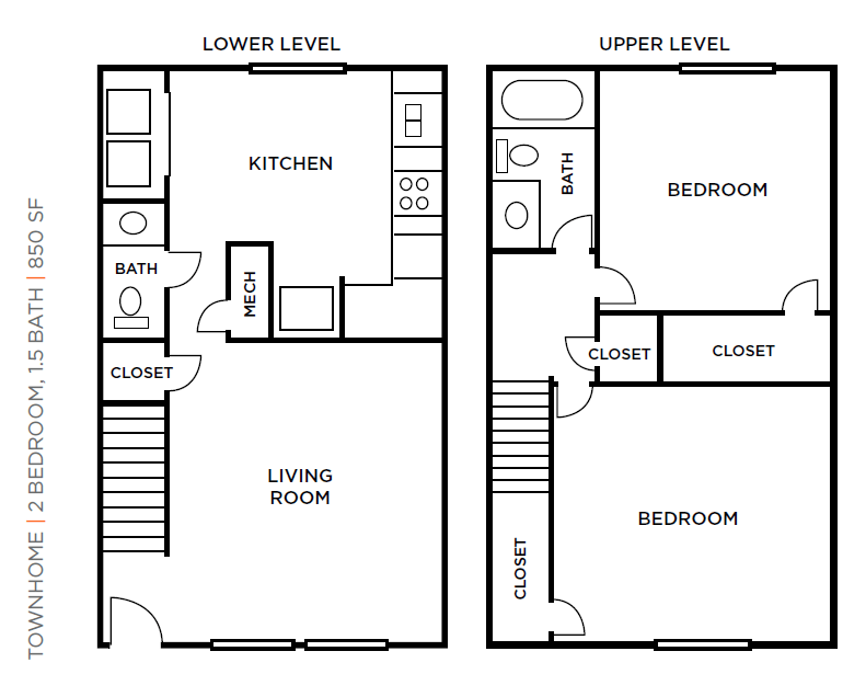 A floor plan of a two-story townhome with 1,550 square feet.