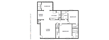 A floor plan of a two bedroom, two bathroom apartment.