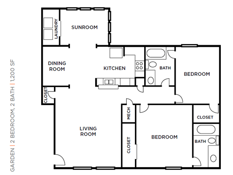 A floor plan of a two bedroom, two bathroom apartment.