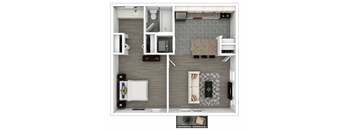 A floor plan of a small apartment with a kitchen, living room, and bathroom.