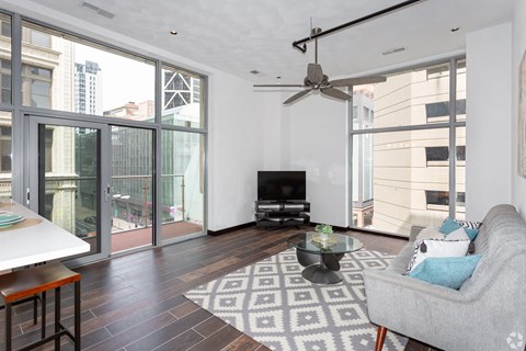 A living room with a grey couch and a black and white rug.