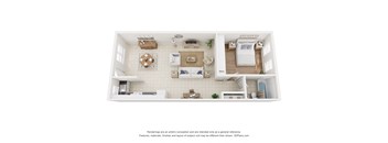 A 3D floor plan of a small apartment with a kitchen, living room, and bathroom.