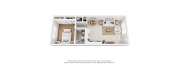 A 3D floor plan of a small apartment with a kitchen, living room, and bathroom.