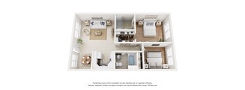 A 3D floor plan of a small apartment with a kitchen, living room, and bathroom.
