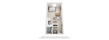 A 3D image of a small bathroom with a toilet, sink, and shelves.