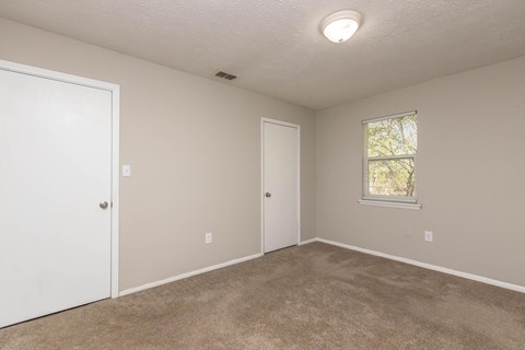 A room with a carpeted floor, two doors, and a window with a view of trees outside.