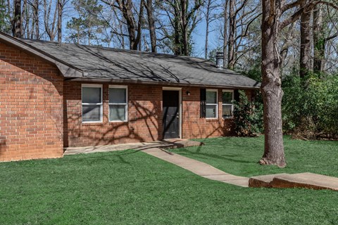 A small brick house with a black door and a tree in front.