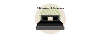 A graphic showing a bed with two bedrooms and two bathrooms.