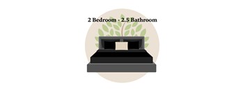 A graphic of a bed with a leafy plant on top and the text "2 Bedroom - 2.5 Bathroom" above it.