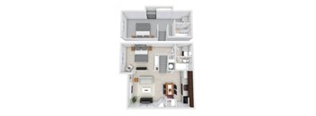 A top-down view of a two-story apartment with a living room, kitchen, and bedrooms.