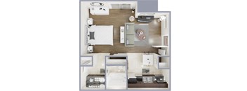 A top-down view of a bedroom with a bed, dresser, and nightstand.