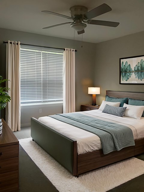 A bedroom with a bed, nightstand, and a ceiling fan.