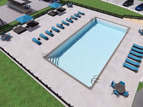 A large rectangular pool surrounded by blue lounge chairs and umbrellas.