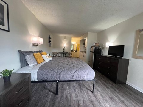A bedroom with a bed, dresser, and mirror.