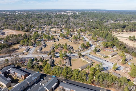 A bird's eye view of a residential area with houses and trees.