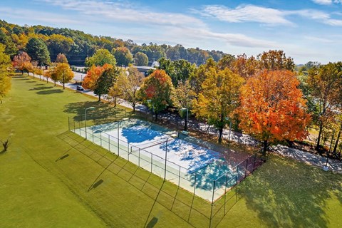 A tennis court surrounded by trees with autumn leaves.