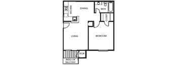 A floor plan of a house with a living room, dining room, kitchen, bedroom, bathroom, closet, and storage area.