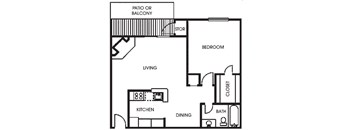 A floor plan of a house with a living room, kitchen, dining room, bedroom, bathroom, and closet.