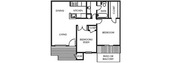 A floor plan of a house with a living room, dining room, kitchen, bathroom, and bedrooms.