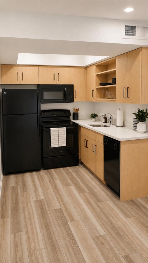 A black refrigerator and microwave in a kitchen with wooden cabinets.