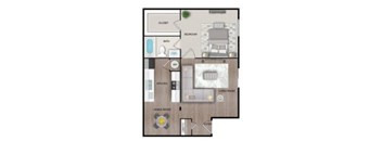 A floor plan of a house with a living room, dining room, kitchen, and bathrooms.