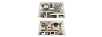 a stylized 3d floor plan of a house with bedrooms and a living room