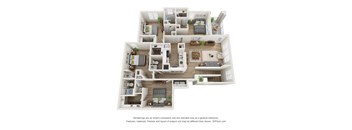 A 3D floor plan of a multi-level home with various rooms and furniture.
