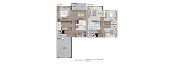 A diagram of a three bedroom apartment with two half baths and a garage.