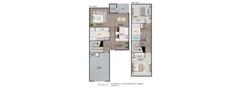 A diagram of a two bedroom apartment with one and a half bathrooms.