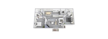 A floor plan of a house with a living room, dining room, kitchen, and two bedrooms.
