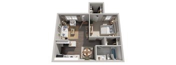 A 3D floor plan of a small apartment with a kitchen, living room, and bathroom.