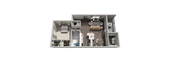 A 3D floor plan of a house with two bedrooms, a living room, a kitchen, and a bathroom.