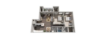 A 3D floor plan of a house with a kitchen, living room, dining room, and bathrooms.