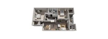 A 3D floor plan of a house with a living room, kitchen, and two bedrooms.