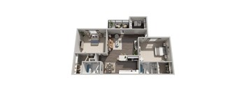 A 3D floor plan of a house with multiple rooms and furniture.