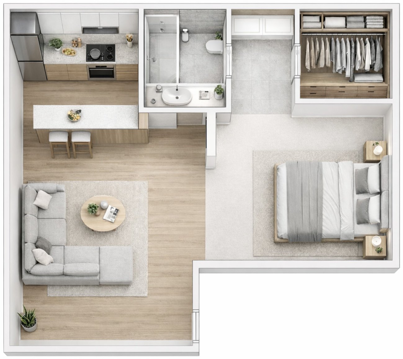 A modern, minimalist living space with a kitchen, dining area, and bedroom.