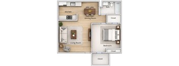 A floor plan of a house showing a living room, dining room, kitchen, and bedrooms.
