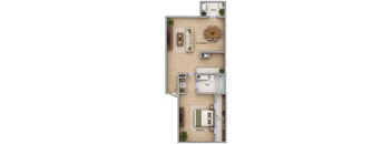 A floor plan of a small apartment with a living room, bedroom, and bathroom.