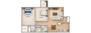 A floor plan of a house with two bedrooms, a living room, a closet, a vanity, and a bathroom.