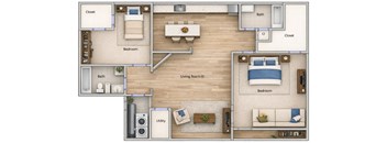 A floor plan of a house with two bedrooms, a living room, a bathroom, a utility room, and a closet.