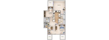 A floor plan of a house with three bedrooms, two bathrooms, a kitchen, a living room, and a utility space.